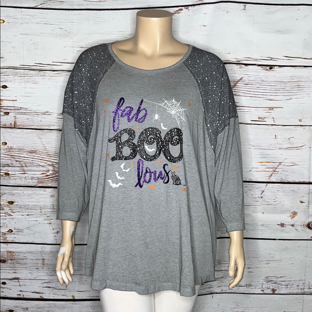 Cato NWT Size 26/28W Gray Fab-BOO-Lous Star Cat Spider Halloween Knit Top Shirt